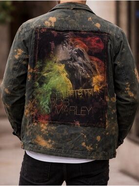 Bob Marley Graphic Patch Denim Shirt  in Black with Multicolor Print